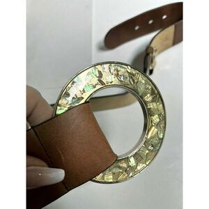 Gail Labelle Genuine Leather Belt‎ Size Large Brown Seashells Circle Boho Beach
